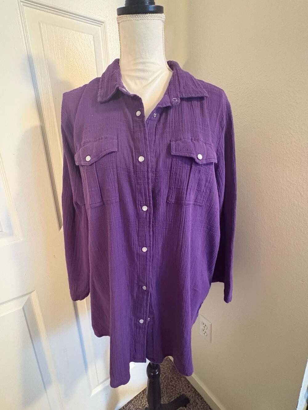 Woman Within Cotton Gauze Bigshirt Purple
